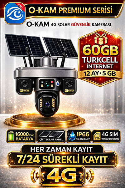 O-KAM OK335 Premium Serisi 12MP 4 Kameralı 4G Çift Solar Panel Gece Görüş 1 Y...