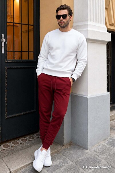 Madmext Burgundy Cuffed Elastic Men's Tracksuit 4821
