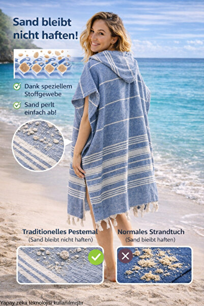 ELY PARKER Γυναικείο μπουρνούζι Poncho Peshtemal Βαμβακερή πετσέτα παραλίας μπλε