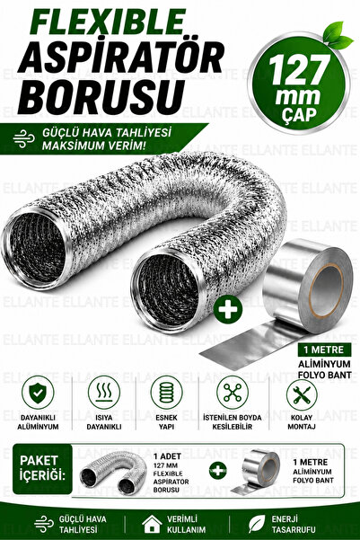 ellante 127 mm Flexible Aspiratör Borusu Alüminyum Havalandırma Kanalı Davlum...