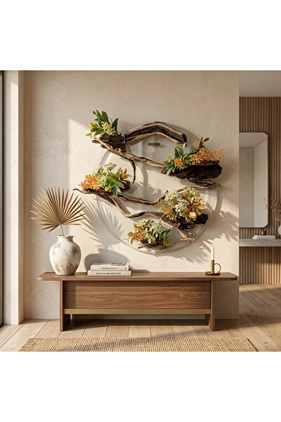 Decoroon El Yapımı Daire Form Doğal Dal Dekor – Yapay Çiçekli Duvar & Masa Süsü