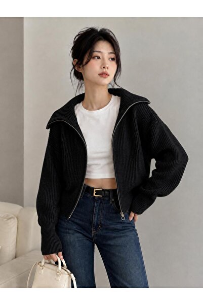 nathia outdoors Turn-Down Collar Zippered Knitwear Cardigan - Jacket