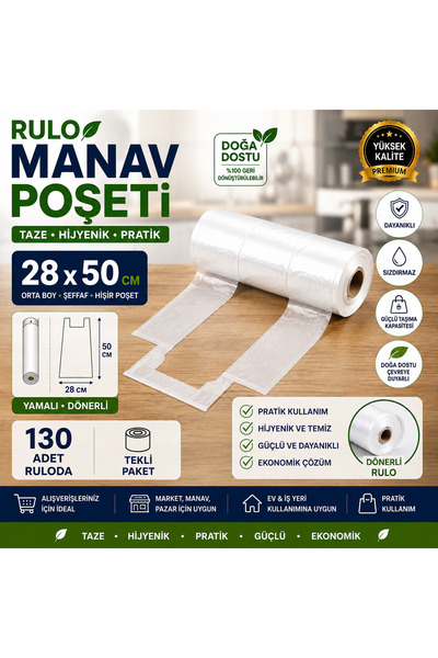 Rulo Poşet Orta Boy 130'lu Market Manav Poşeti Şeffaf Renk Meyve Sebze Poşeti Hışır