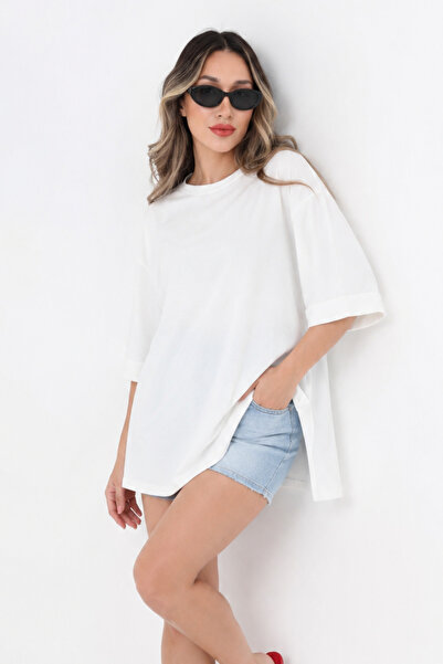 MOVİMENT White Oversize Double Sleeve Long T-Shirt with Side Slits |   Cotton...