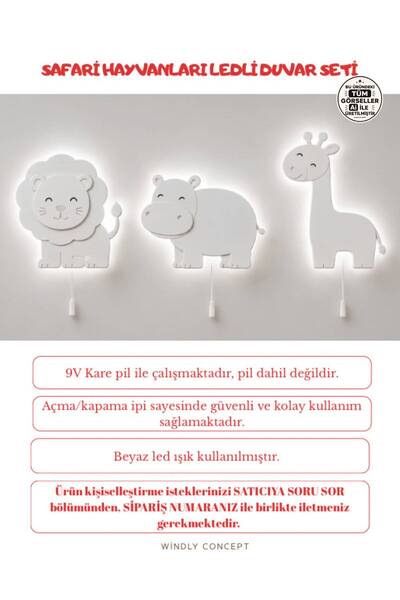 Windly Concept Safari Hayvanları LED Duvar Lambası 3’lü Set (Aslan, Zürafa, H...