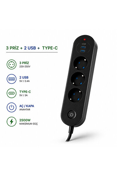 GudeX Termal Akım Korumalı 3lü Priz 2USB 1USBC 2mt Kablo Aç Kapa Anahtar 2500...