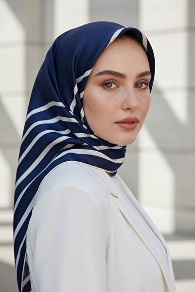 Vissona %100 Twill İpek Çizgili Desenli Lacivert - Krem Renkli 90x90 Eşarp Di...