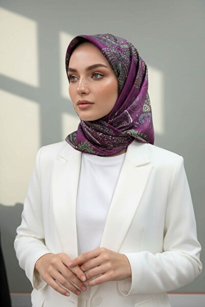 Vissona 100% Twill Silk Shawl Patterned Plum Colored 90x90 Σχήμα ραπτικής κασ...