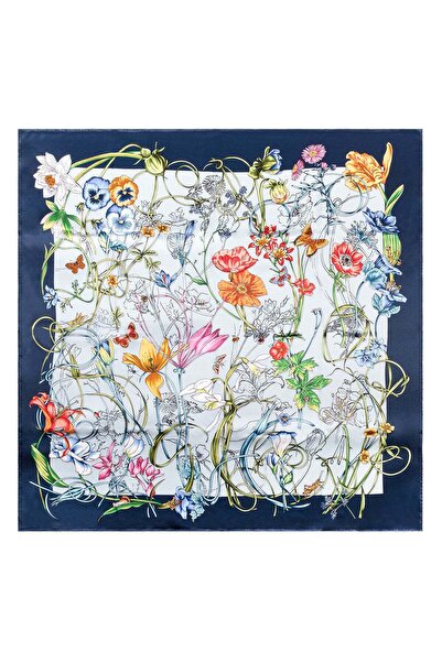 Silk and Cashmere Lacivert Lina Saf İpek Büyük Kare Eşarp 110x110 cm