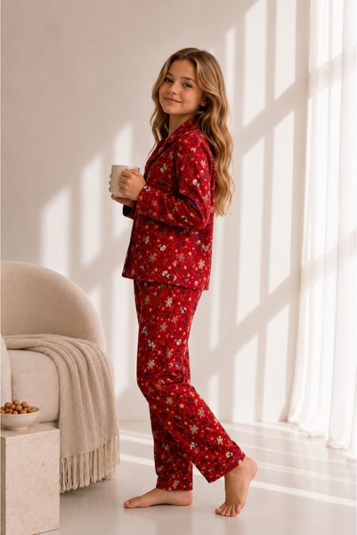 Beka Kids New Year Patterned Long Sleeve Button Front Shirt Collar Girls Pajama Set