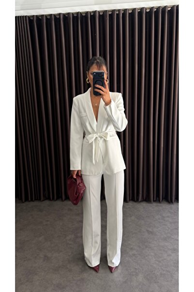 ZF BUTİK White Belted Jacket Trousers Suit Office Outfit