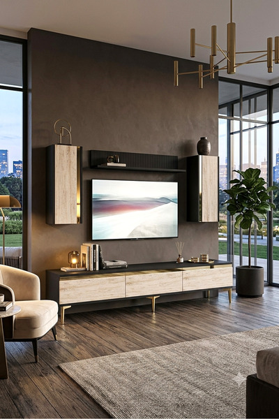 cnyr TVR1898ATG ANKA TV ÜNİTESİ TAKIMI ANTRASİT - TRAVERTEN - GOLD 180CM