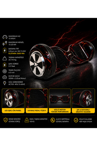 HOVERWAY HOVERBOARD 6.5 İNÇ LED IŞIKLI TAŞIMA KOLLU 36V 5.2AH ELEKTRİKLİ KAYKAY