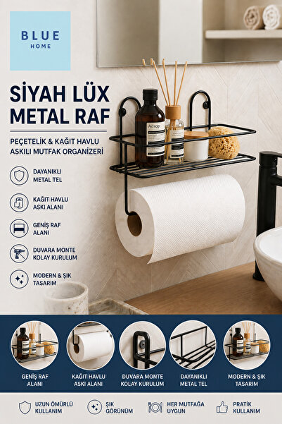 Blue Home Siyah Metal Tel Peçetelik ve Raf | Duvara Monte Kağıt Havlu Askılı ...