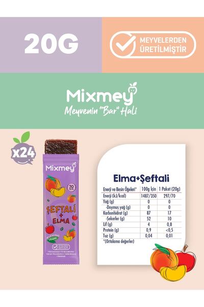 mixmey Şeftali Meyve Barı 24 Adet | Sağlıklı Atıştırmalıklar – Vegan, Glutensiz, Koruyucusuz 20gr X 24 Adet