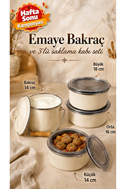 qussine Emaye Bakraç 14 CM Ve Emaye Saklama Kabı Seti Vakum Kapaklı Krem 14 C...