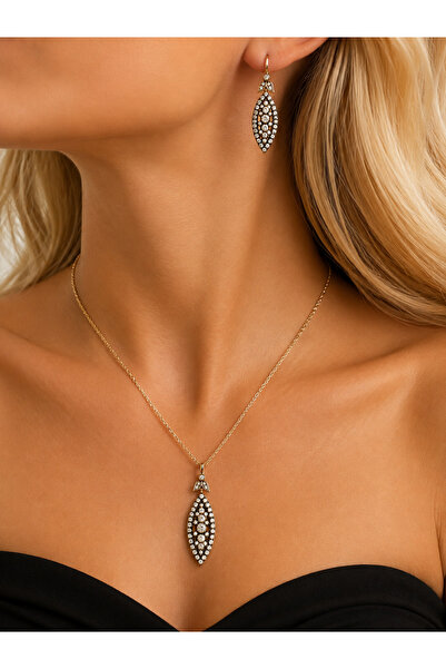FUYA JEWELLERY Elmas Montür Mekik Kolye, Küpe Set