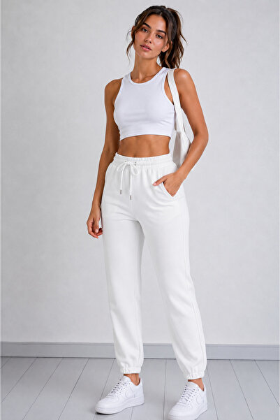 nurneva Combed Cotton Sweatpants with Elastic Cuffs Ecru