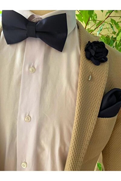 Brianze Navy Blue Bow Tie, Handkerchief and Boutonniere Set