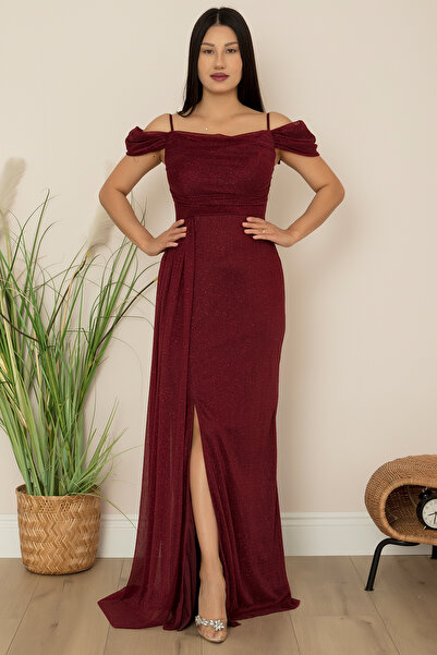 PULLIMM Rochie de seară lungă din tul cu sclipici cu mâneci căzute 39433