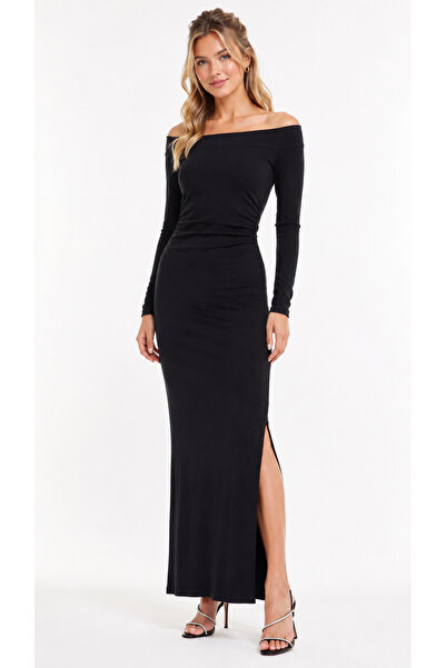 Kallisto Black Off-The-Shoulder Waist Draped Side Slit Long Dress