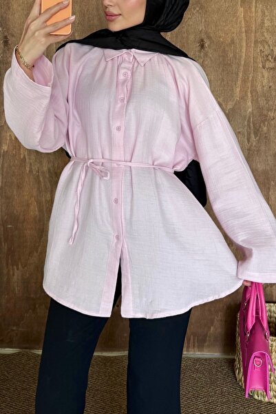 HYWONA Women's 100% Cotton Muslin Oversize Hijab Shirt Tunic Pink