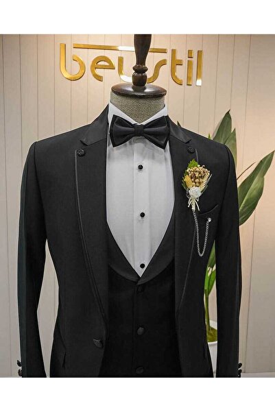 Beystil Mono Yaka Siyah Yelekli Damatlık & Smokin Takım Y37 - Slim Fit