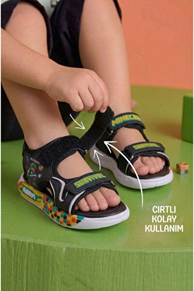 İmerShoes Günlük Siyah Erkek Çocuk Cırtlı Sandalet Rahat Hafif Dikiş Tabanlı ...