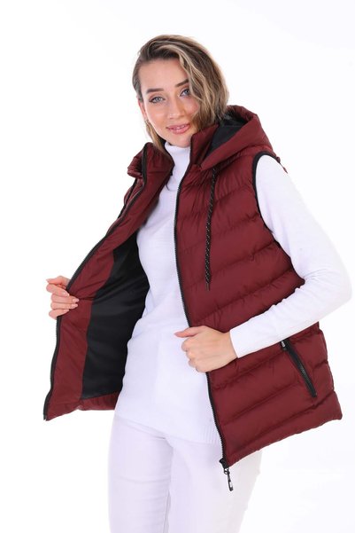 B.HE.Z Women's Y20 Gel-Filled Detachable Zipper Hooded Pocket Puffer Vest Burgundy