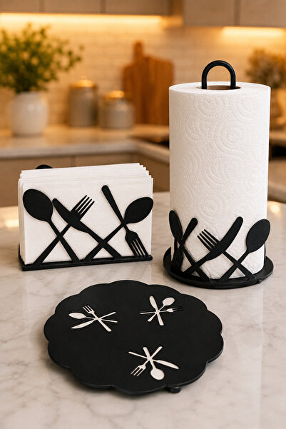 VENON 3-Piece Kitchen Elegance Set: Roll Towel Holder, Napkin Holder, Trivet ...