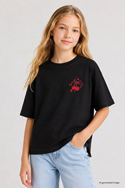 TOMMY LIFE Black Oversize Short Sleeve Printed Girls' T-Shirt - 75176