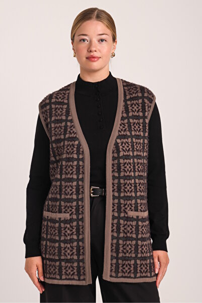 Uludağ Triko Women's Black-Brown Feather Plaid Pattern Knit Vest with Pockets
