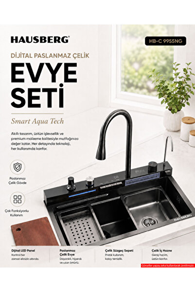 Hausberg Dijital Akıllı Evye Seti — Şelale Bataryalı, LED Sıcaklık Göstergeli...