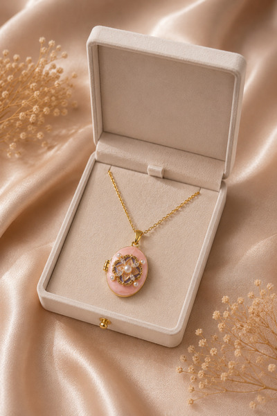 Sylvera Shop Secret Bloom Pink Covered Medallion Steel Necklace (Gold Color)