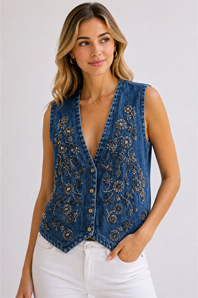 bysoca Women's Blue Stone Embroidered Jean Vest Cotton V-Neck Denim Sequined ...