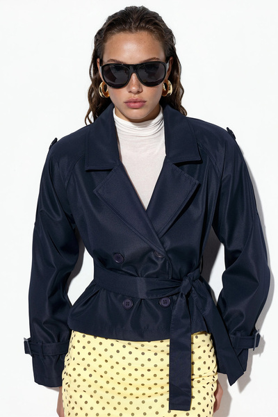 Merterium Women's Belted Short Trench Coat 1570 - Navy Blue
