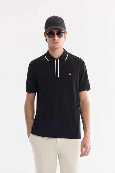 Avva Men's Black Non-Curling Polo Collar Zippered Bi-Stretch Interlock Regula...
