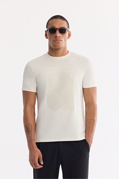 Avva Men's Ecru Crew Neck Printed Bi-Stretch Interlock Regular Fit T-Shirt A6...