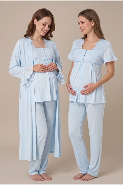 Pelin Women's Blue Linen Scallop Lace New Season 3-Piece Maternity Pajama Set...