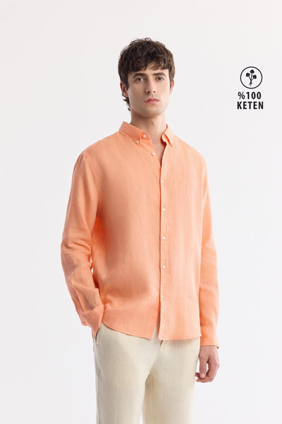 Avva Erkek Turuncu Düğmeli Yaka %100 Keten Comfort Fit Gömlek B002191