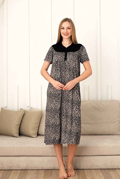 ALİMER Women's Nightgown - Leopard Patterned Short Sleeve Lycra Viscose 2830kg
