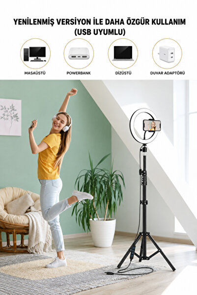 omitech LED Ring Light 210 cm Tripodlu Telefon Tutuculu USB Makyaj Canlı Yayın Video Işığı