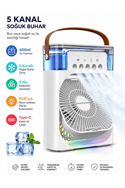 Mini Buharlı Taşınabilir Fan, Sulu-Buzlu Vantilatör 5 Sprey Delikli Renkli LED Işıklı