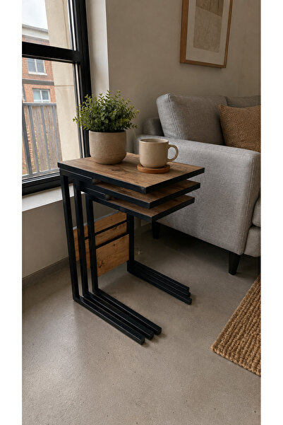 VEYSEL WOODWORKİNG Metal Ayaklı 3'lü Zigon Sehpa Orta Sehpa - Atlantik çam- S...