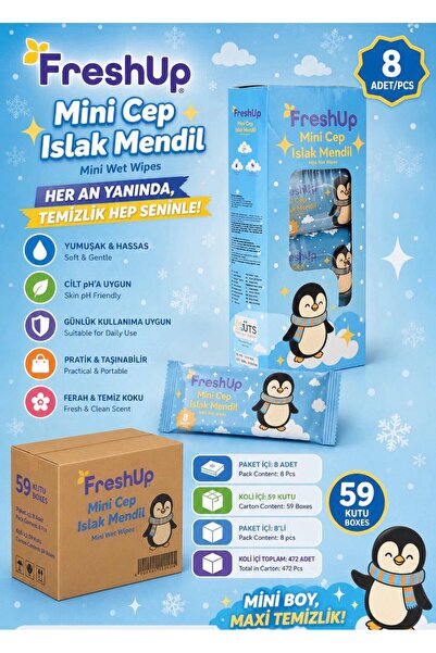 FRESHUP Mini Cep Islak Mendil 8 Adet | Unicorn & Penguen Desenli