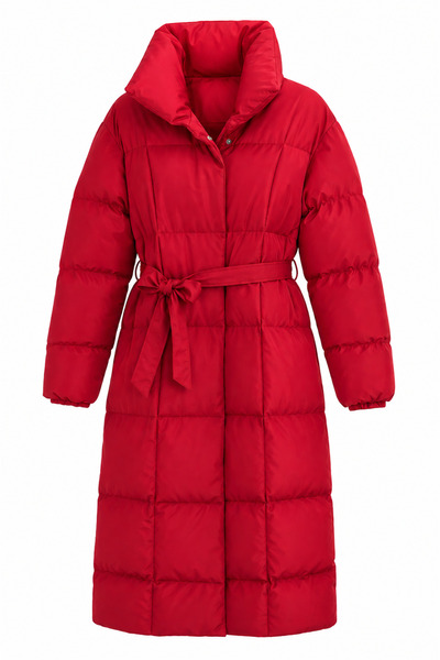 FEG STORE Women's Red Stand Collar Belted Maxi Length Puffer Coat