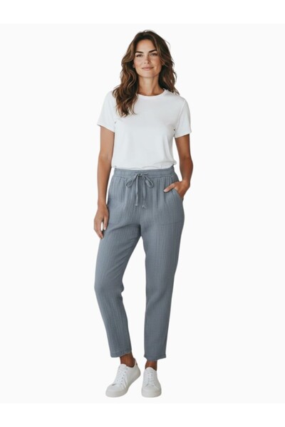MODA Women's Elastic Waist Narrow Leg Muslin Linen Trousers