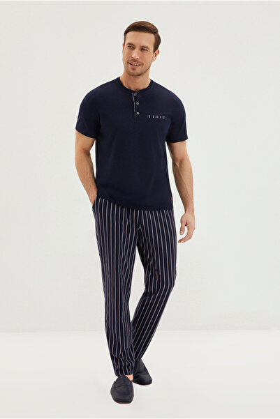 Kiğılı Short Sleeve Placket Striped 2-Piece Cotton Pajamas Set