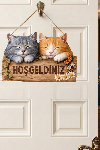 MARNELLO CONSEPT "Hoş Geldiniz" Yazılı Ahşap MDF Retro Kapı Süsü - Sevimli Ke...