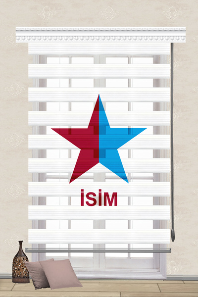 DİJİTAL BASKILI BORDO MAVİ YILDIZ BASKILI MÜŞTERİYE ÖZEL İSİMLİ ZEBRA PERDE GENÇ ODASI